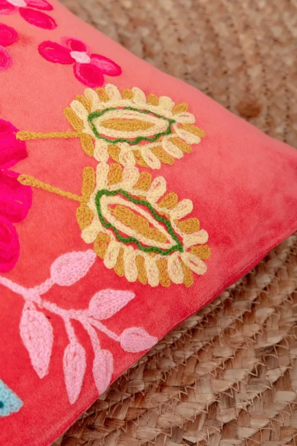Coral Velvet Floral Embroidered Cushion