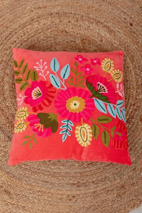 Coral Velvet Floral Embroidered Cushion