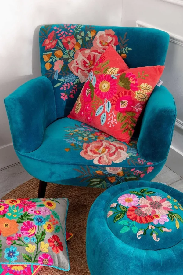 Coral Velvet Floral Embroidered Cushion