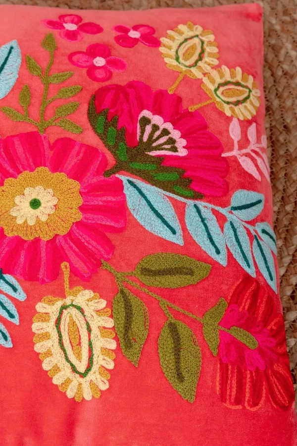 Coral Velvet Floral Embroidered Cushion
