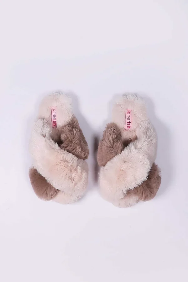 Cream Faux Fur Contrast Slippers