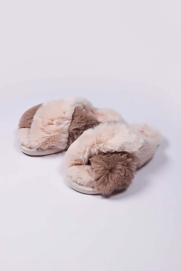 Cream Faux Fur Contrast Slippers