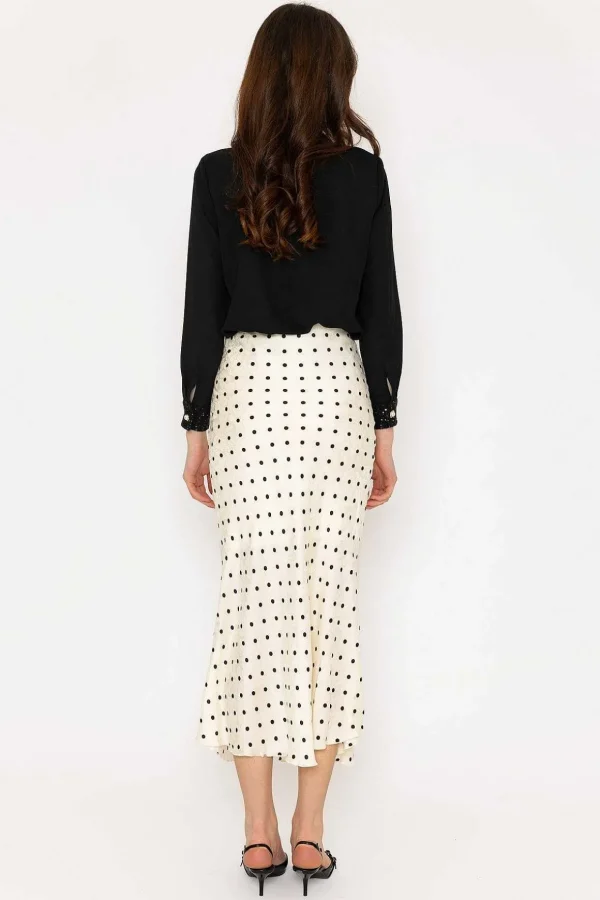 Cream Satin Polka Dot Midi Skirt