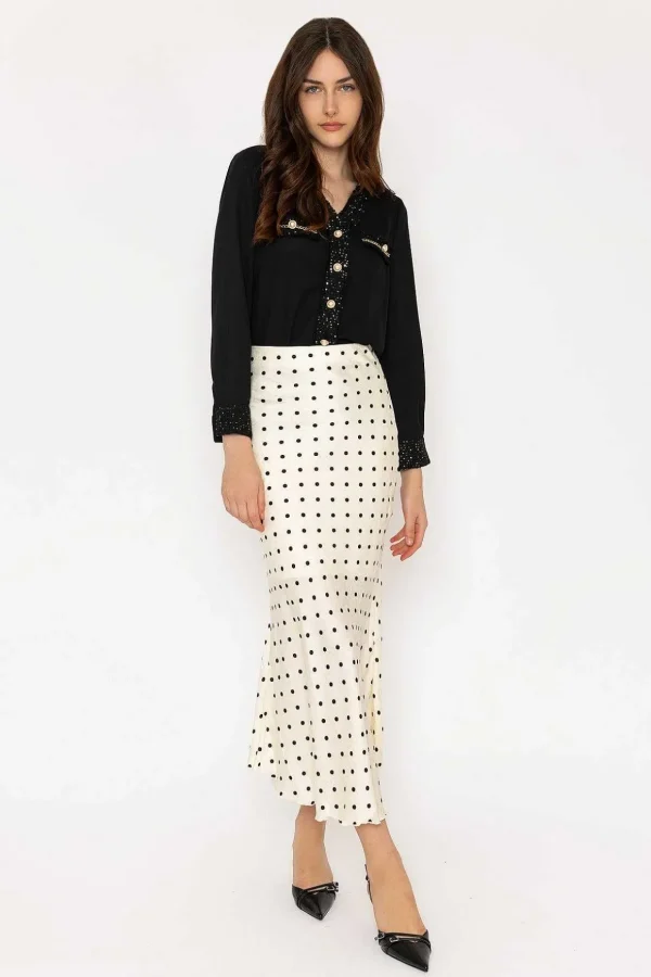 Cream Satin Polka Dot Midi Skirt