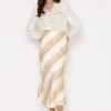 Cream Satin Stripe Midi Skirt