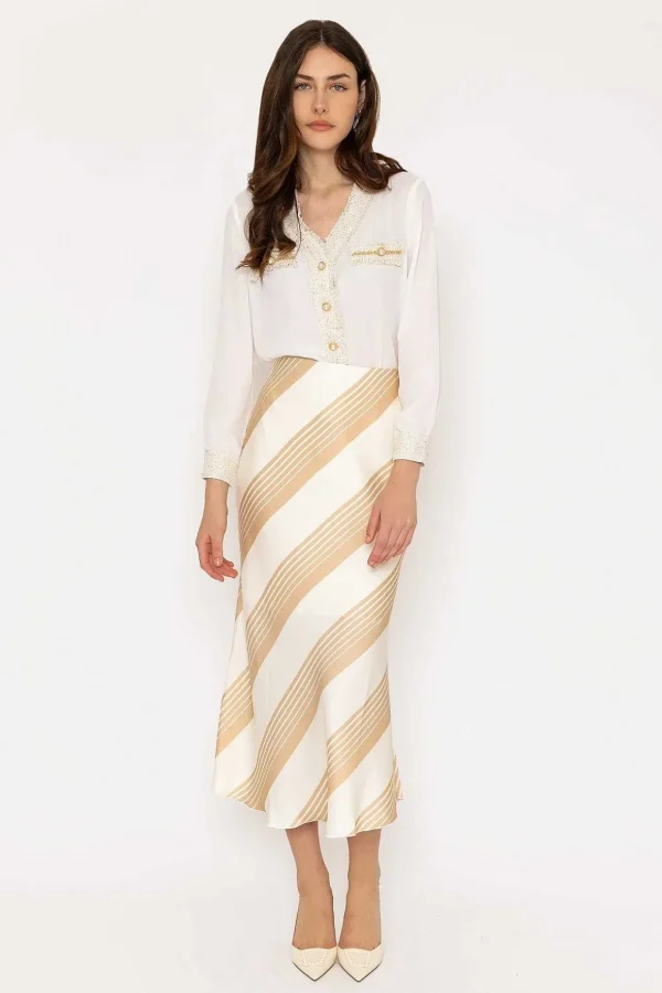 Cream Satin Stripe Midi Skirt