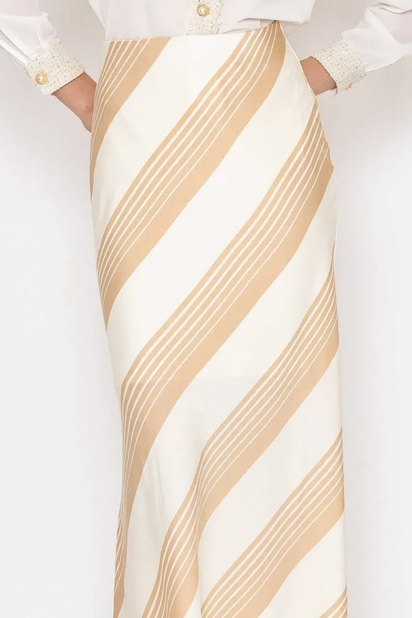 Cream Satin Stripe Midi Skirt