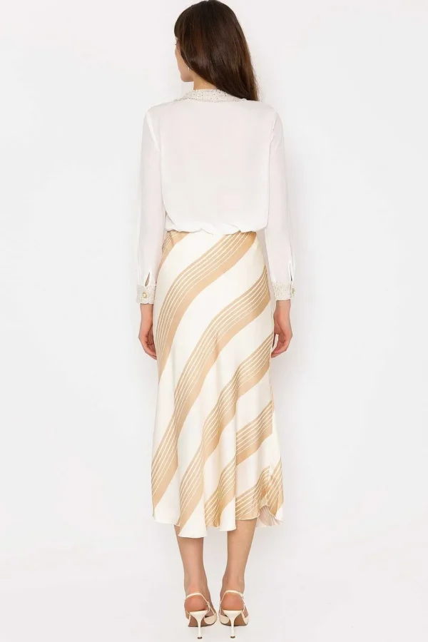Cream Satin Stripe Midi Skirt