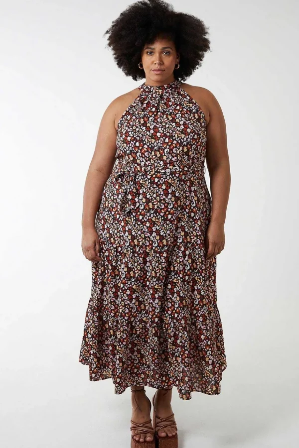 Curve - Halter Neck Maxi Dress In Black Print