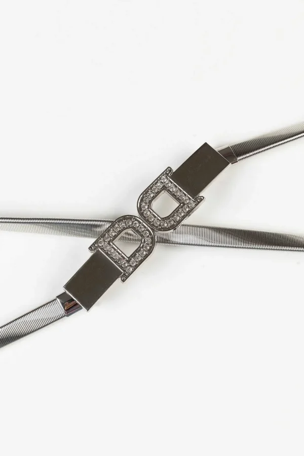 Diamante D Clasp Stretch Belt In Silver