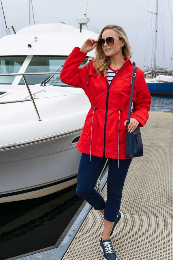 Drawstring Jacket With Stripe Lining In Red