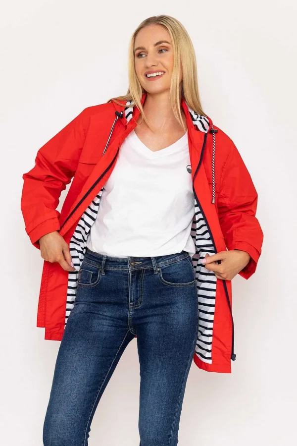Drawstring Jacket With Stripe Lining In Red