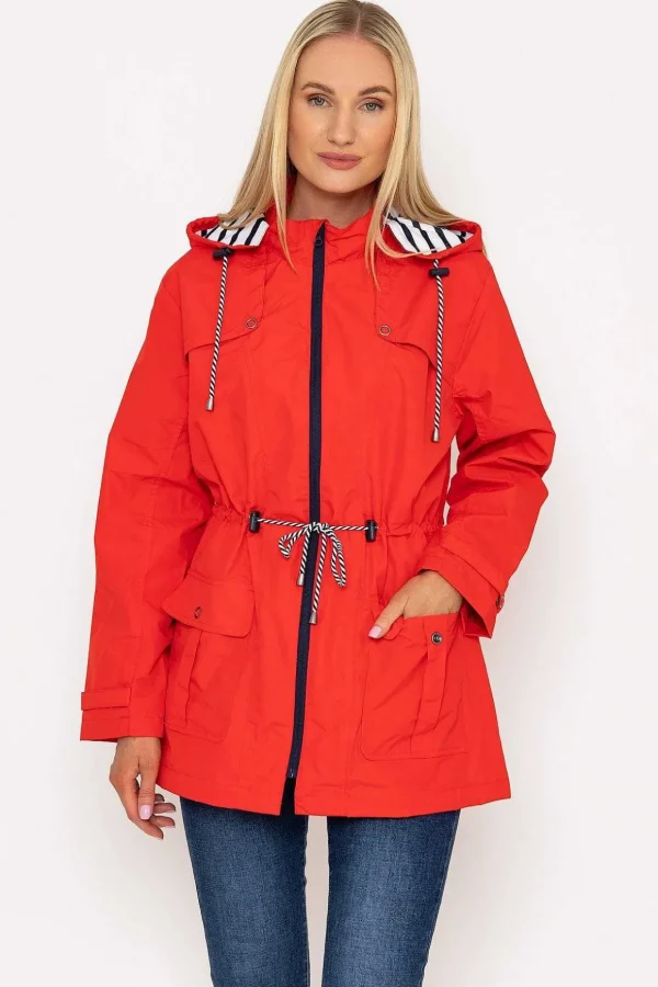 Drawstring Jacket With Stripe Lining In Red