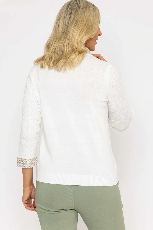 Ecru Cable Knit Sweater With Shirt Collar & Cuffs