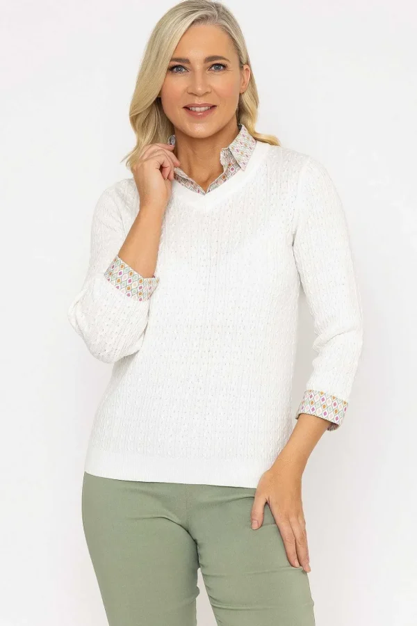 Ecru Cable Knit Sweater With Shirt Collar & Cuffs