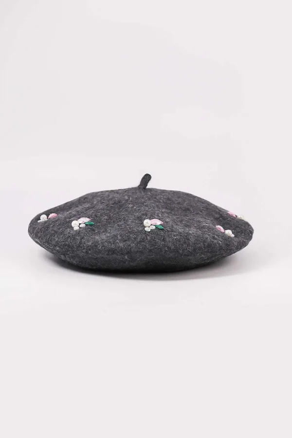 Embellished Wool Blend Beret In Grey