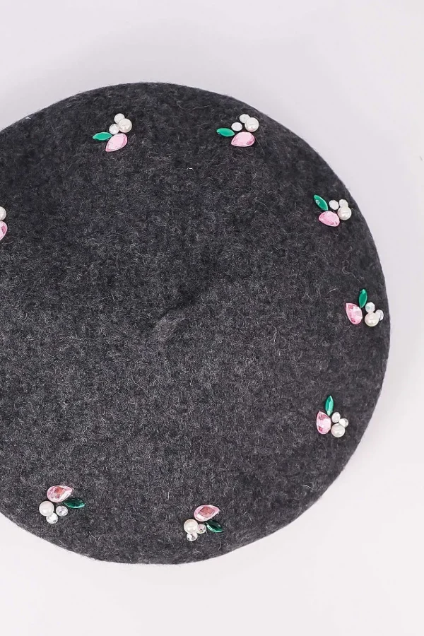 Embellished Wool Blend Beret In Grey