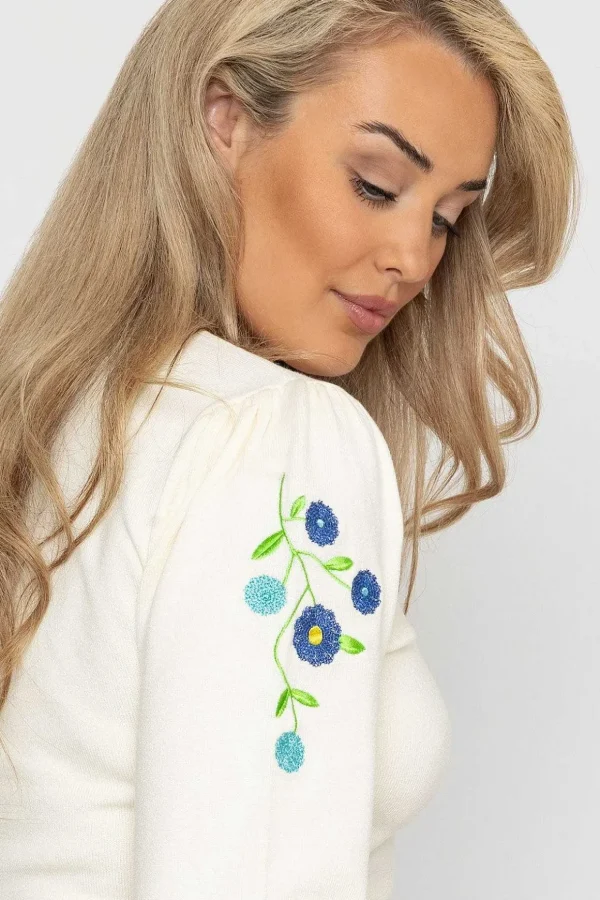 Embroidered Sleeve Knit In Ecru