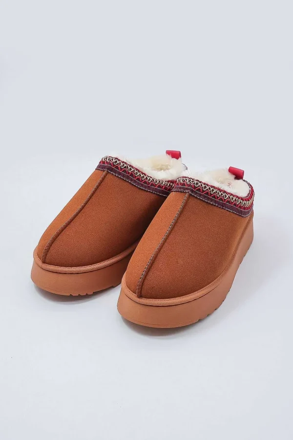 Faux Fur Cosy Slippers In Tan