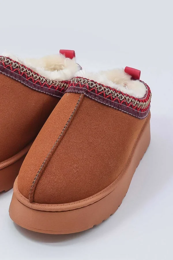 Faux Fur Cosy Slippers In Tan
