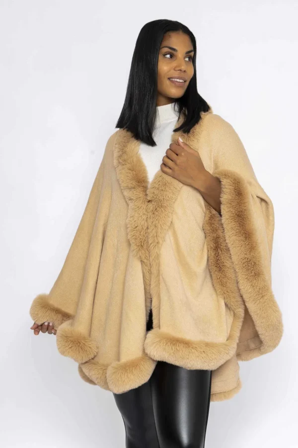 Faux Fur Trim Wrap In Camel