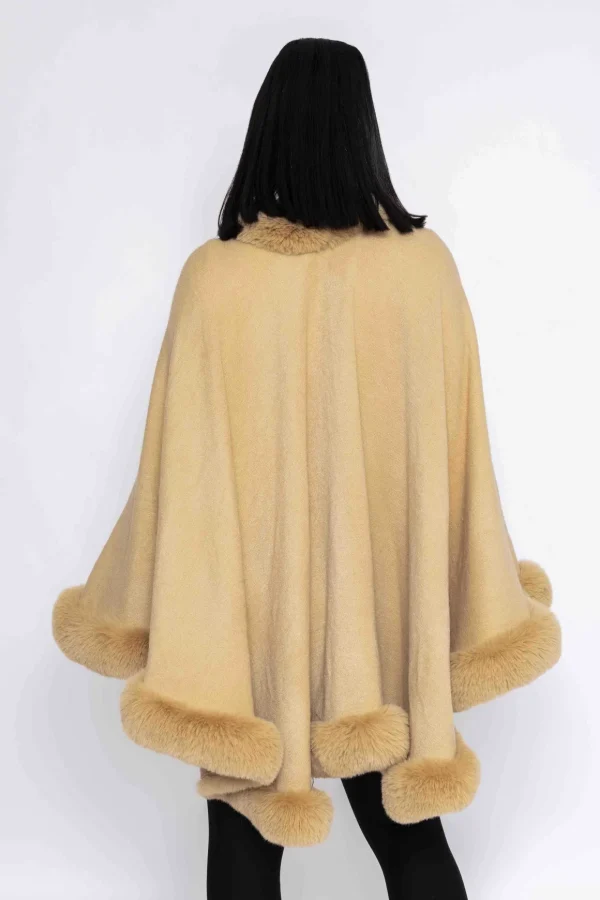 Faux Fur Trim Wrap In Camel