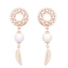Feather & Pearl Boho Earrings In Rose Gold