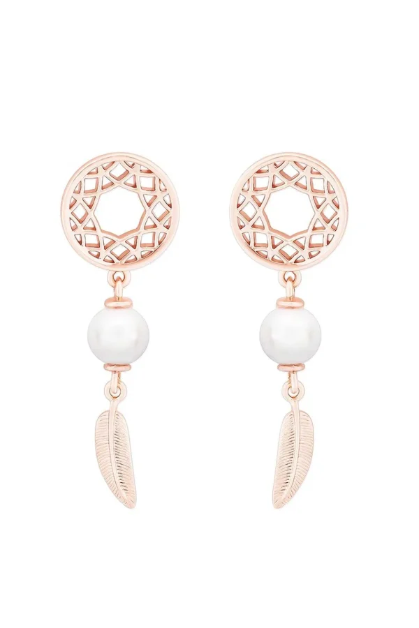 Feather & Pearl Boho Earrings In Rose Gold