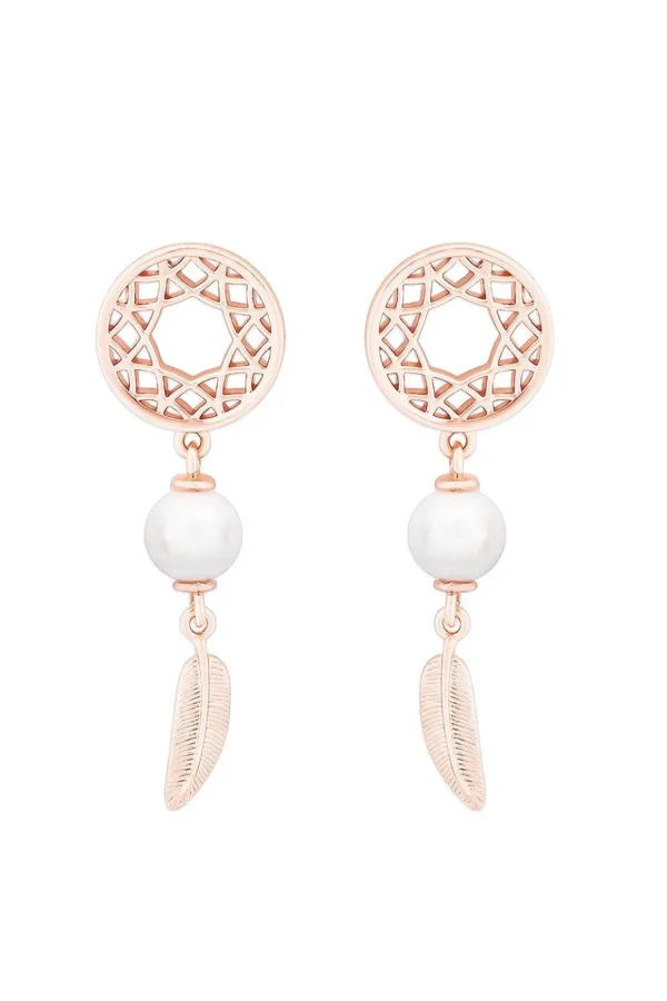 Feather & Pearl Boho Earrings In Rose Gold