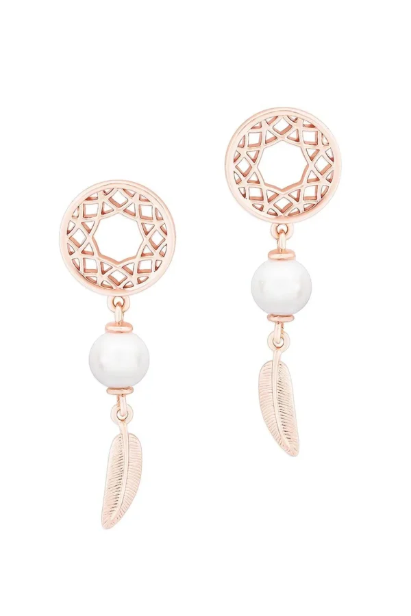Feather & Pearl Boho Earrings In Rose Gold