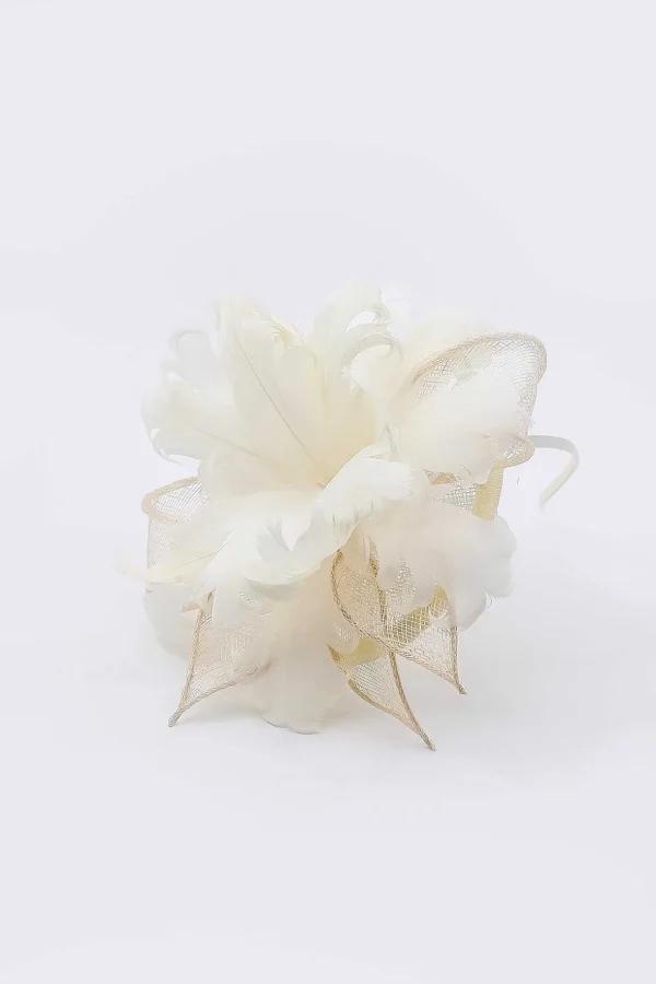 Feather And Flower Fascinator In Cream