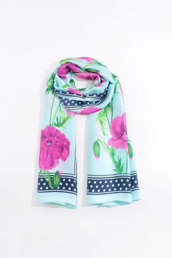 Floral Polka Boarder Scarf In Blue
