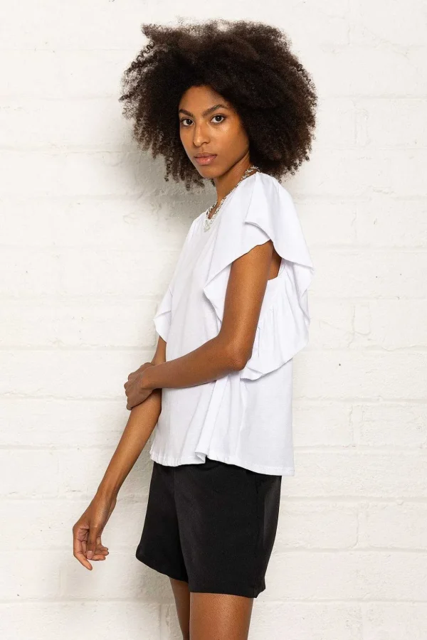 Frill Sleeve T-Shirt In White