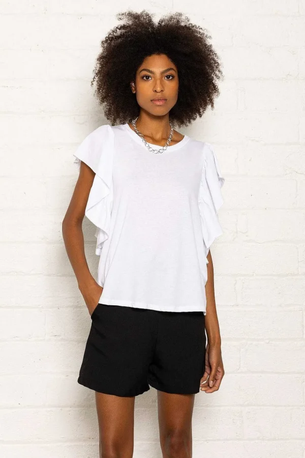 Frill Sleeve T-Shirt In White