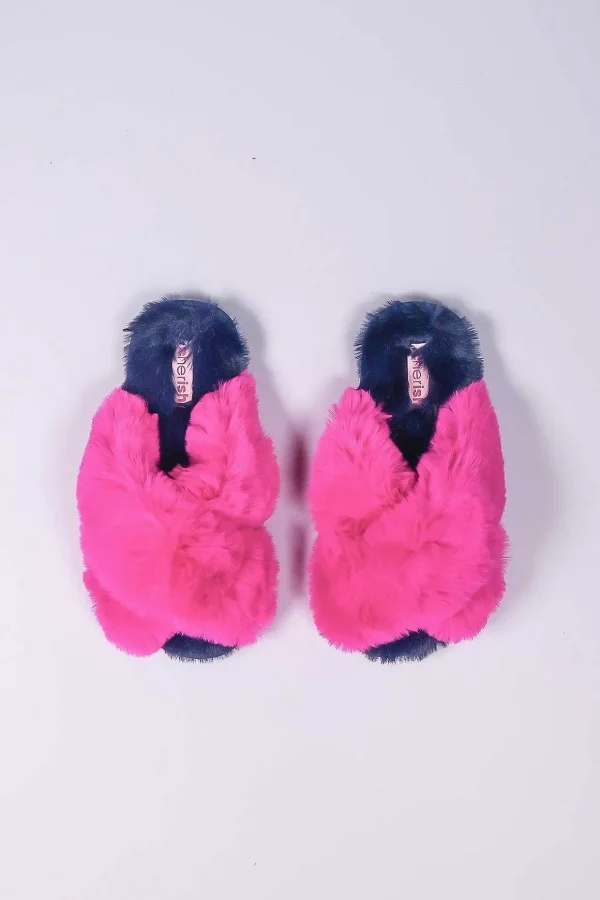 Fuschia Faux Fur Contrast Slippers