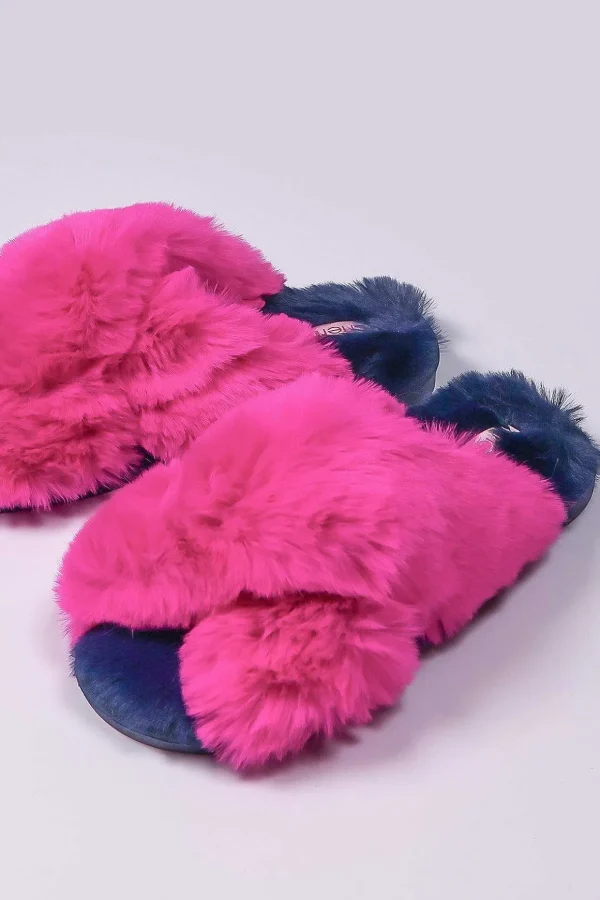 Fuschia Faux Fur Contrast Slippers