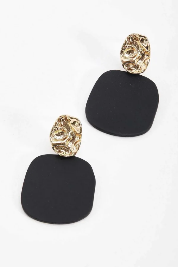 Geometric Textured Earrings In Gold & Black