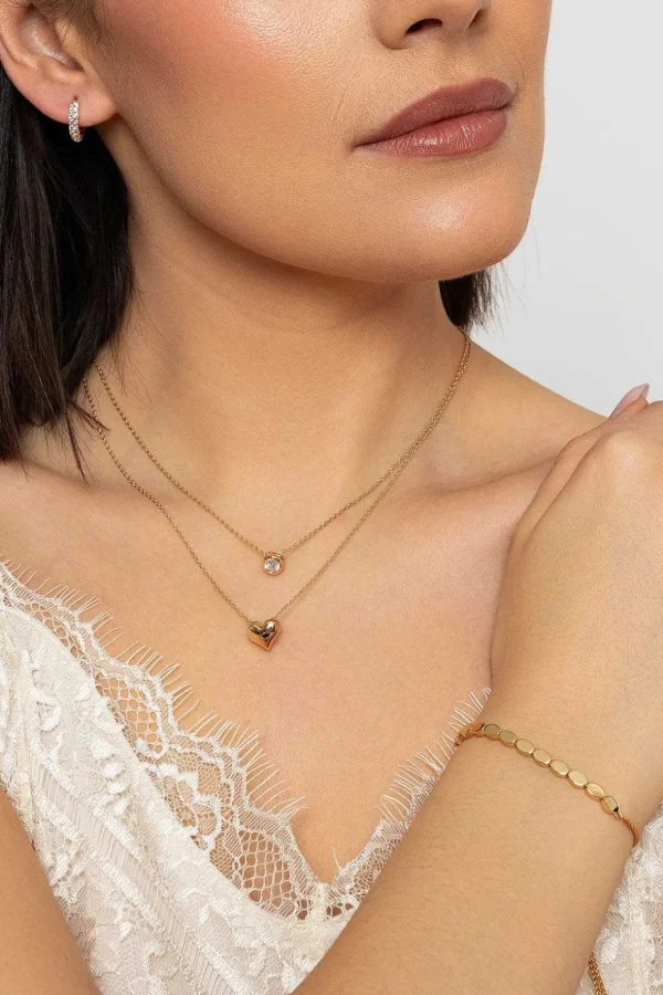 Gold Duo Heart & Solitaire Necklace