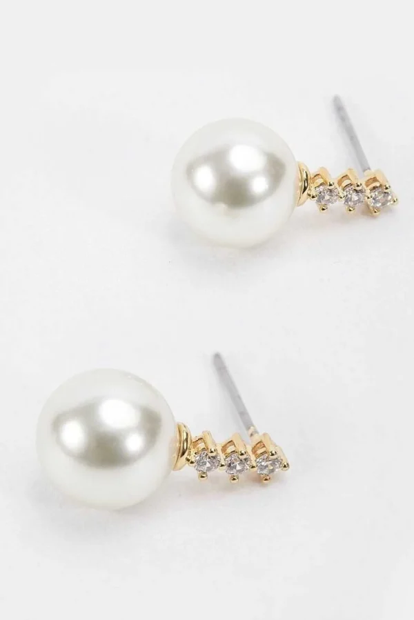 Gold Tone Diamante Pearl Earrings