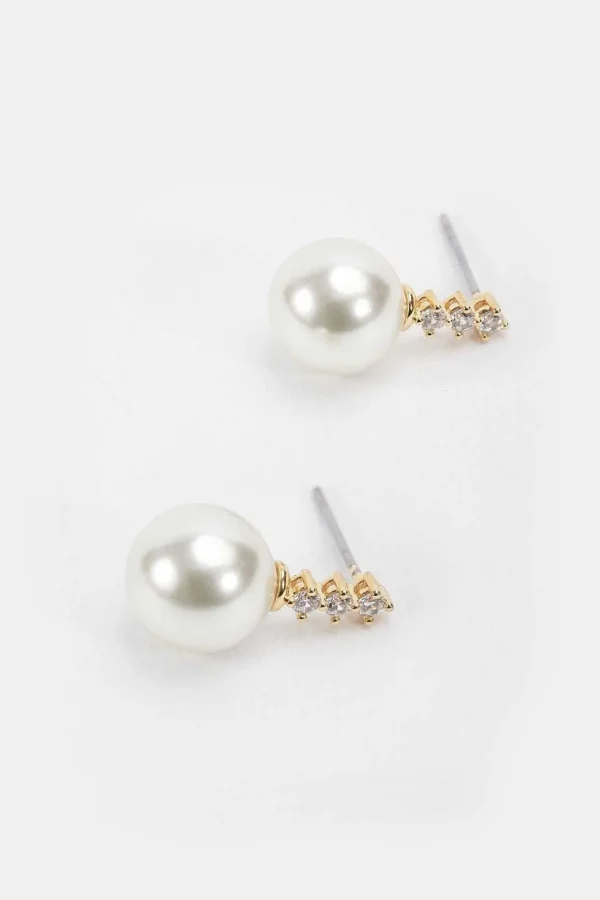 Gold Tone Diamante Pearl Earrings
