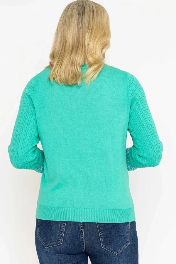 Green Cable Knit Sweater With Shirt Collar