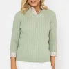 Green Cable Knit Sweater With Shirt Collar & Cuffs