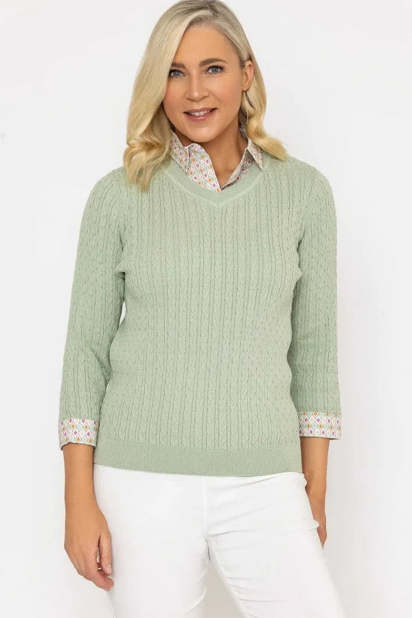 Green Cable Knit Sweater With Shirt Collar & Cuffs