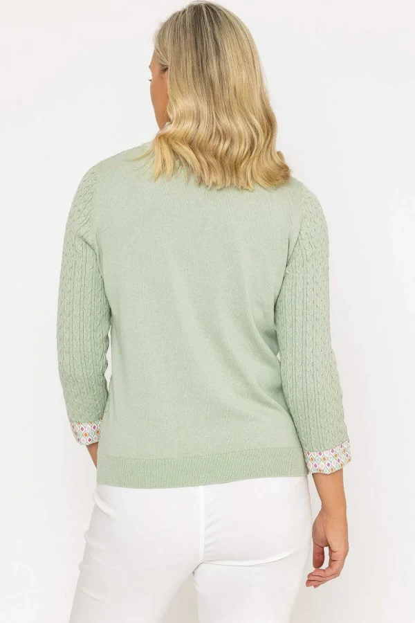 Green Cable Knit Sweater With Shirt Collar & Cuffs