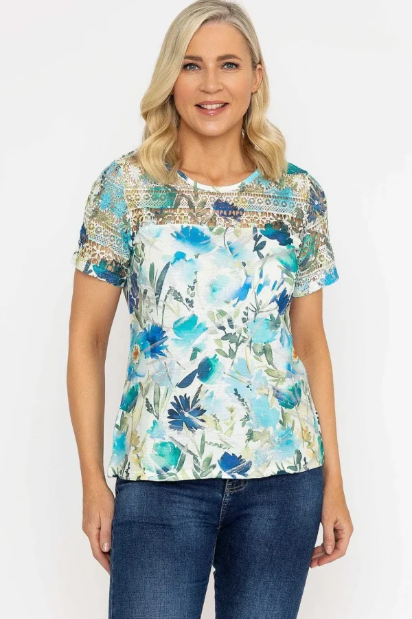 Green Foil Print Top With Lace