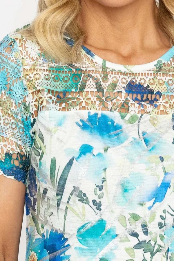 Green Foil Print Top With Lace