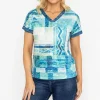 Green Printed V Neck Burnout Top