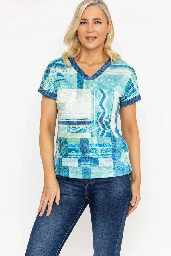 Green Printed V Neck Burnout Top