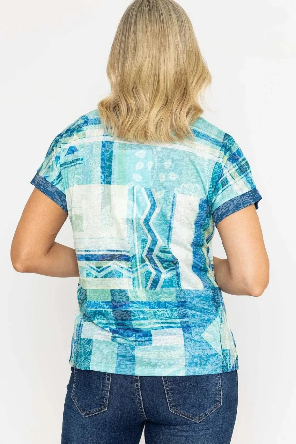 Green Printed V Neck Burnout Top