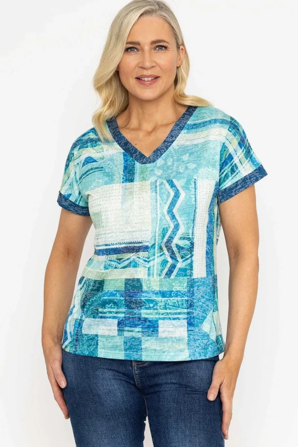 Green Printed V Neck Burnout Top